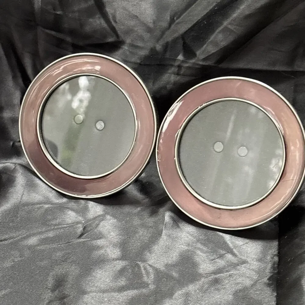 2 Pottery Barn Round Ginny Photo Frame 3”x3” Brushed Silver w/ Purple Enamel